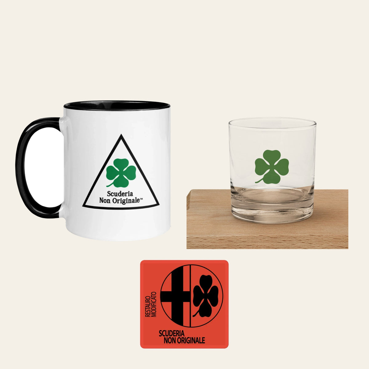 Garage / Bar Set: Rules mug, Quadrifoglio rocks glass and Parts sticker