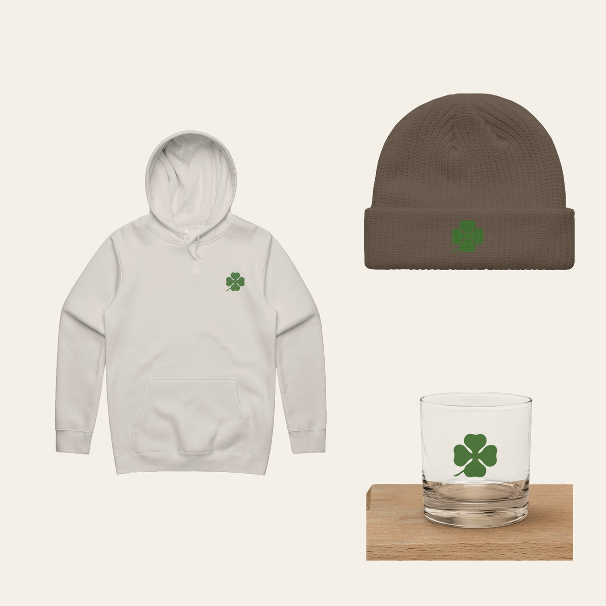 Quadrifoglio Set: hoodie, beanie and rocks glass